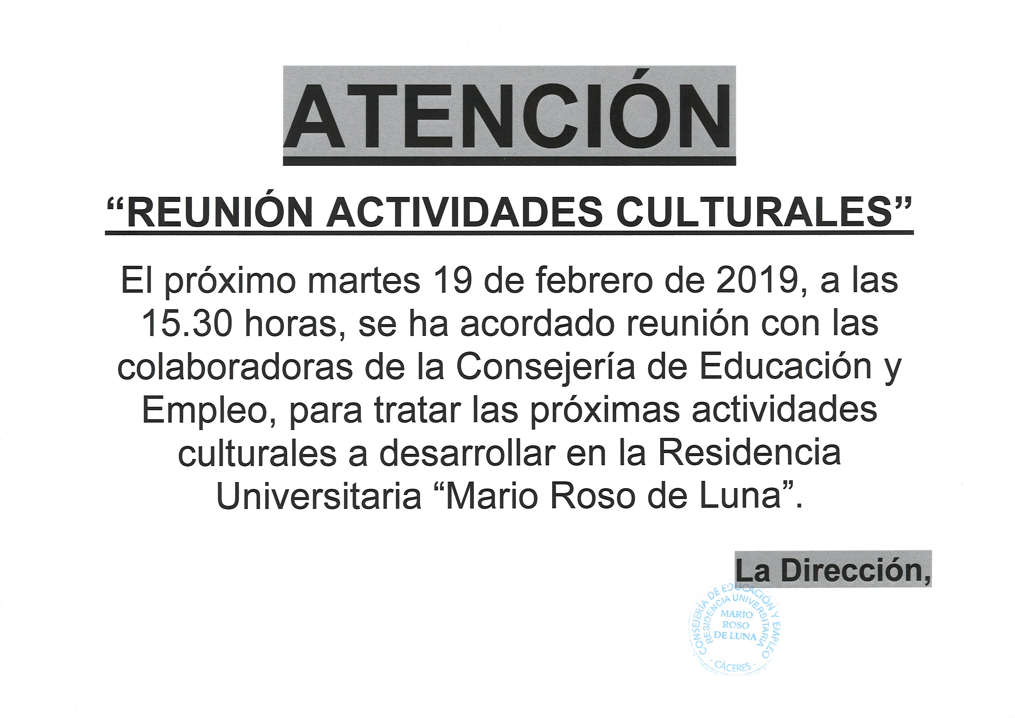 Cartel Reunin Actividades Culturales FEB2019